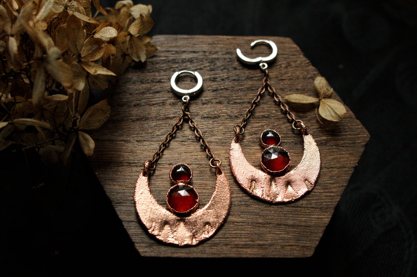 Moon & garnet copper and sterling silver earrings