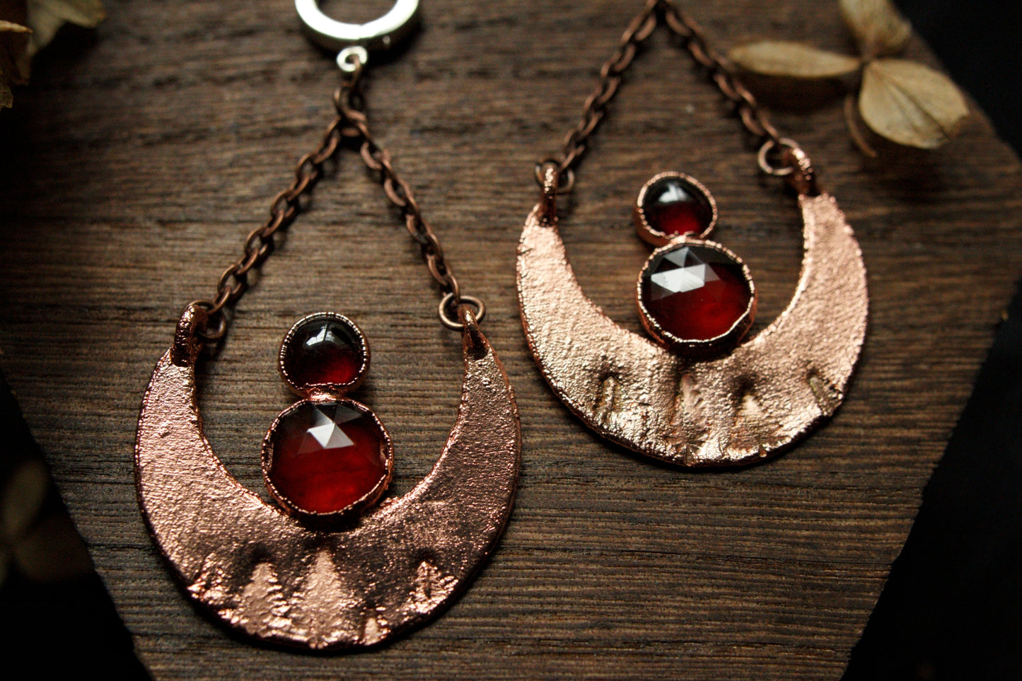 Moon & garnet copper and sterling silver earrings