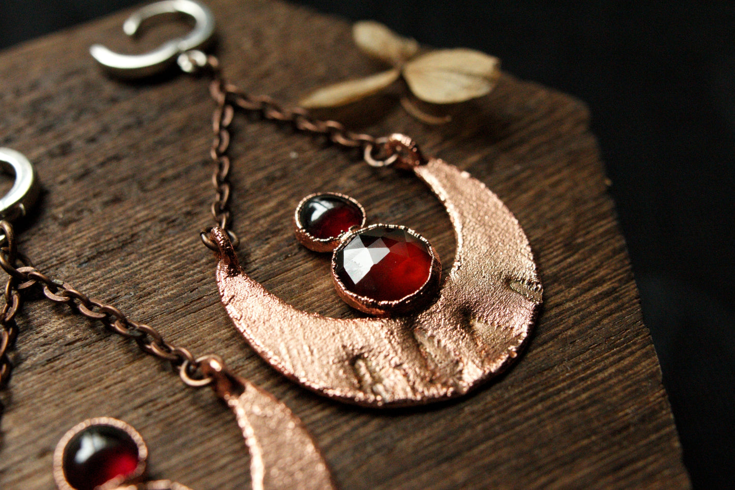 Moon & garnet copper and sterling silver earrings