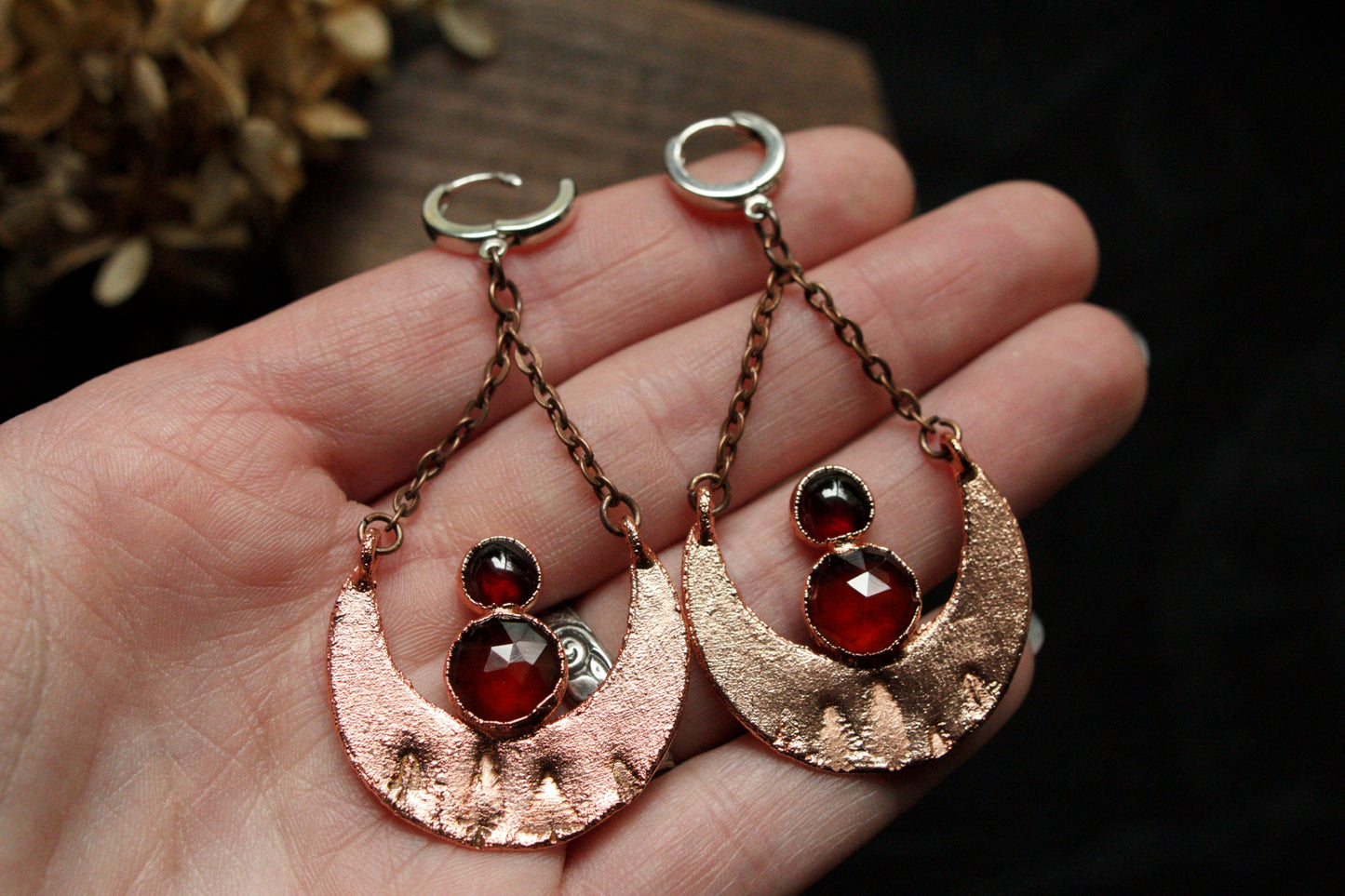 Moon & garnet copper and sterling silver earrings