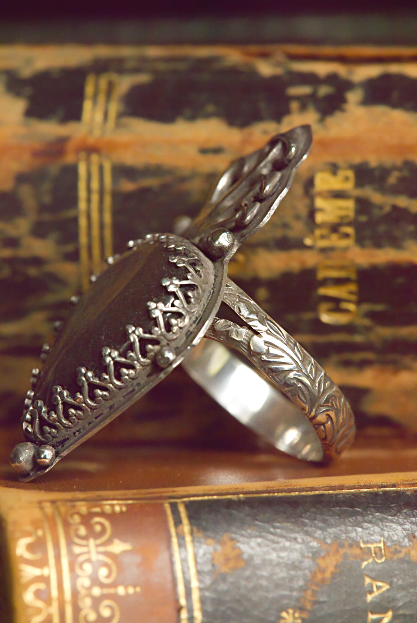 Silver sheen obsidian ring in sterling silver, size 9 US