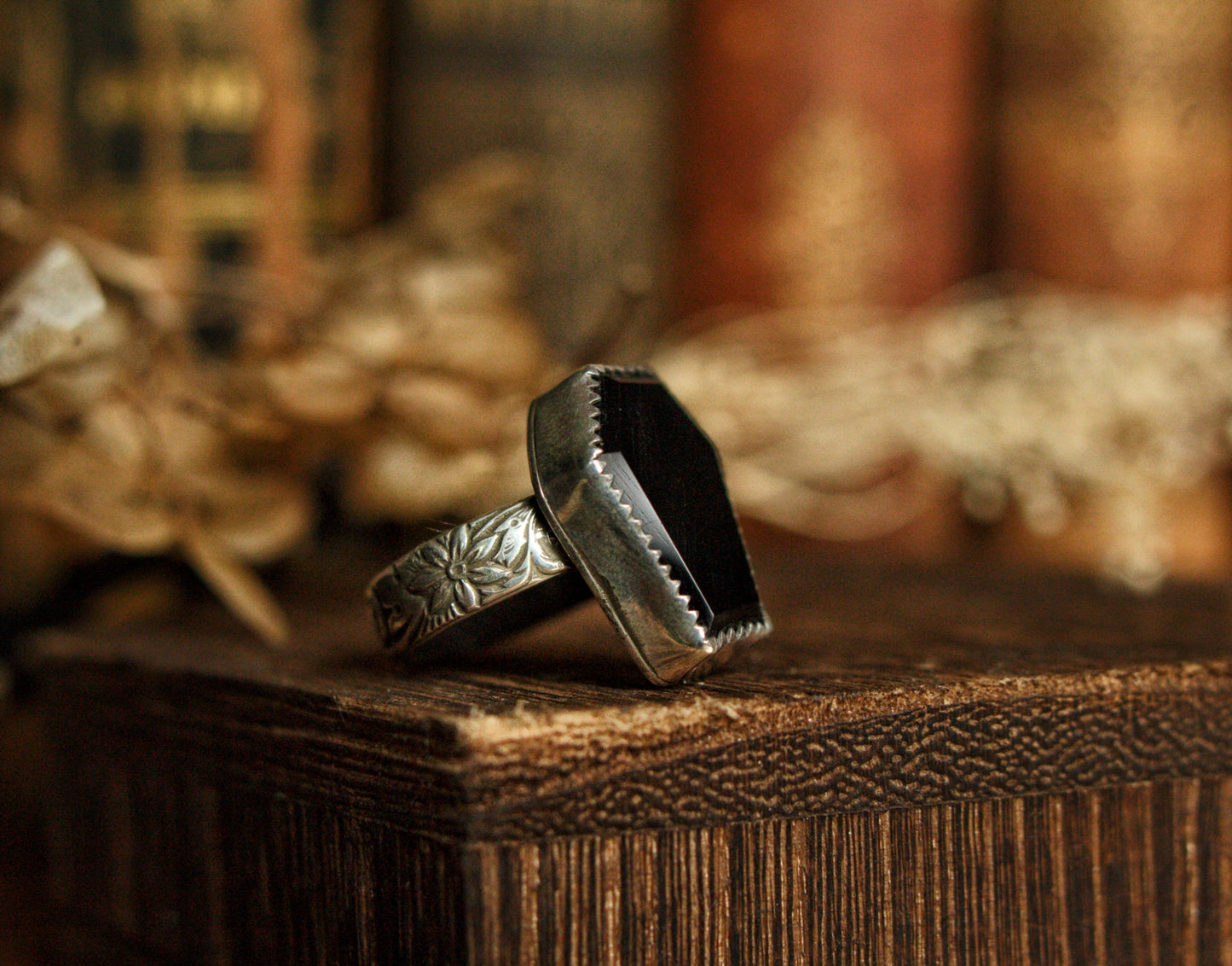 Black onyx coffin ring