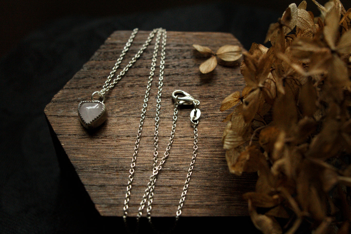 Rose quartz in sterling silver heart necklace
