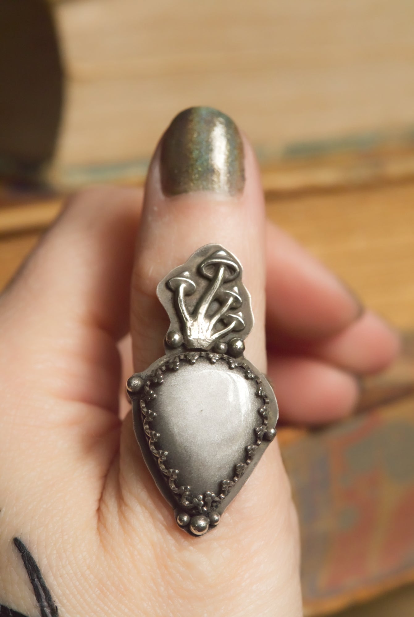 Silver sheen obsidian ring in sterling silver, size 9 US
