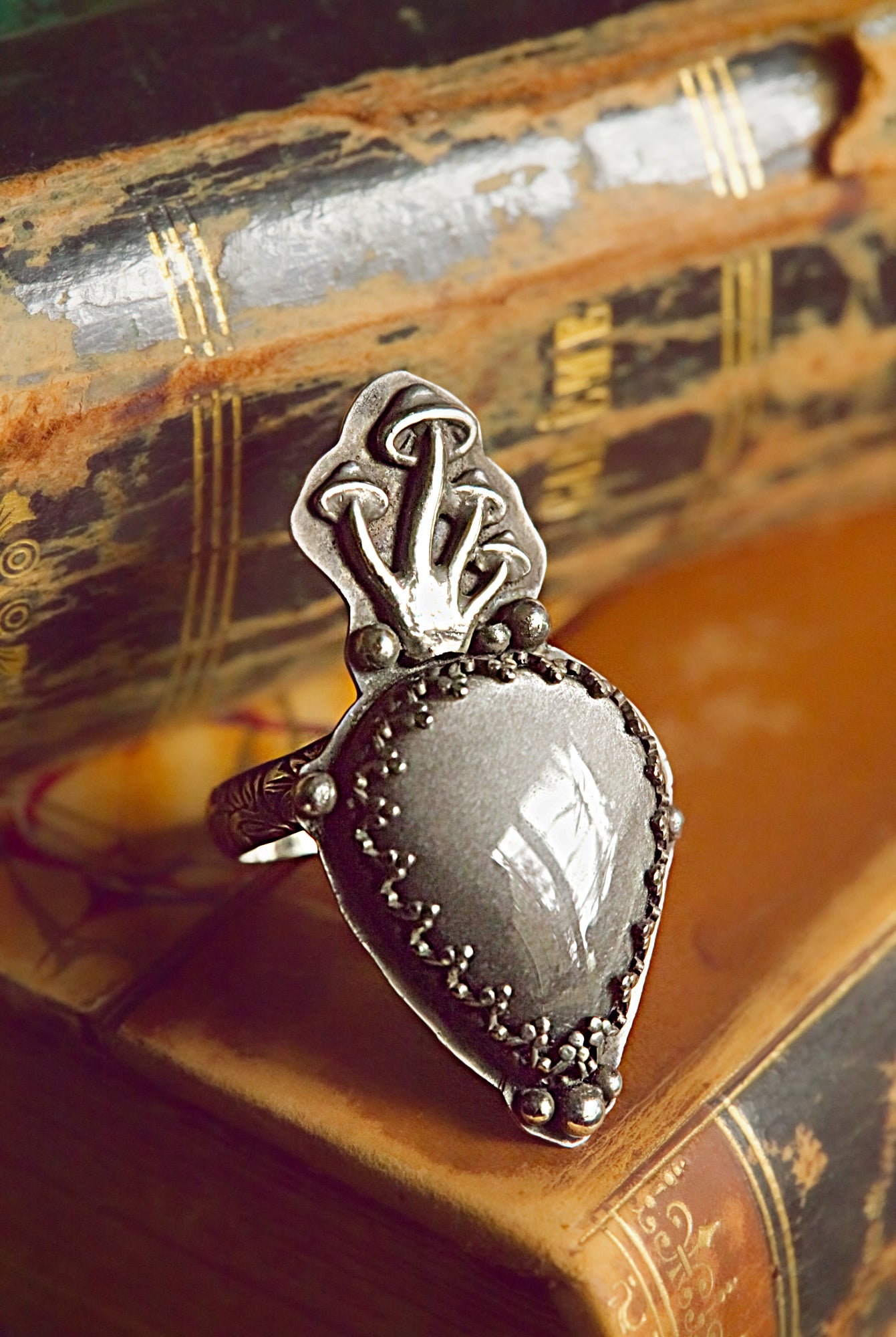 Silver sheen obsidian ring in sterling silver, size 9 US