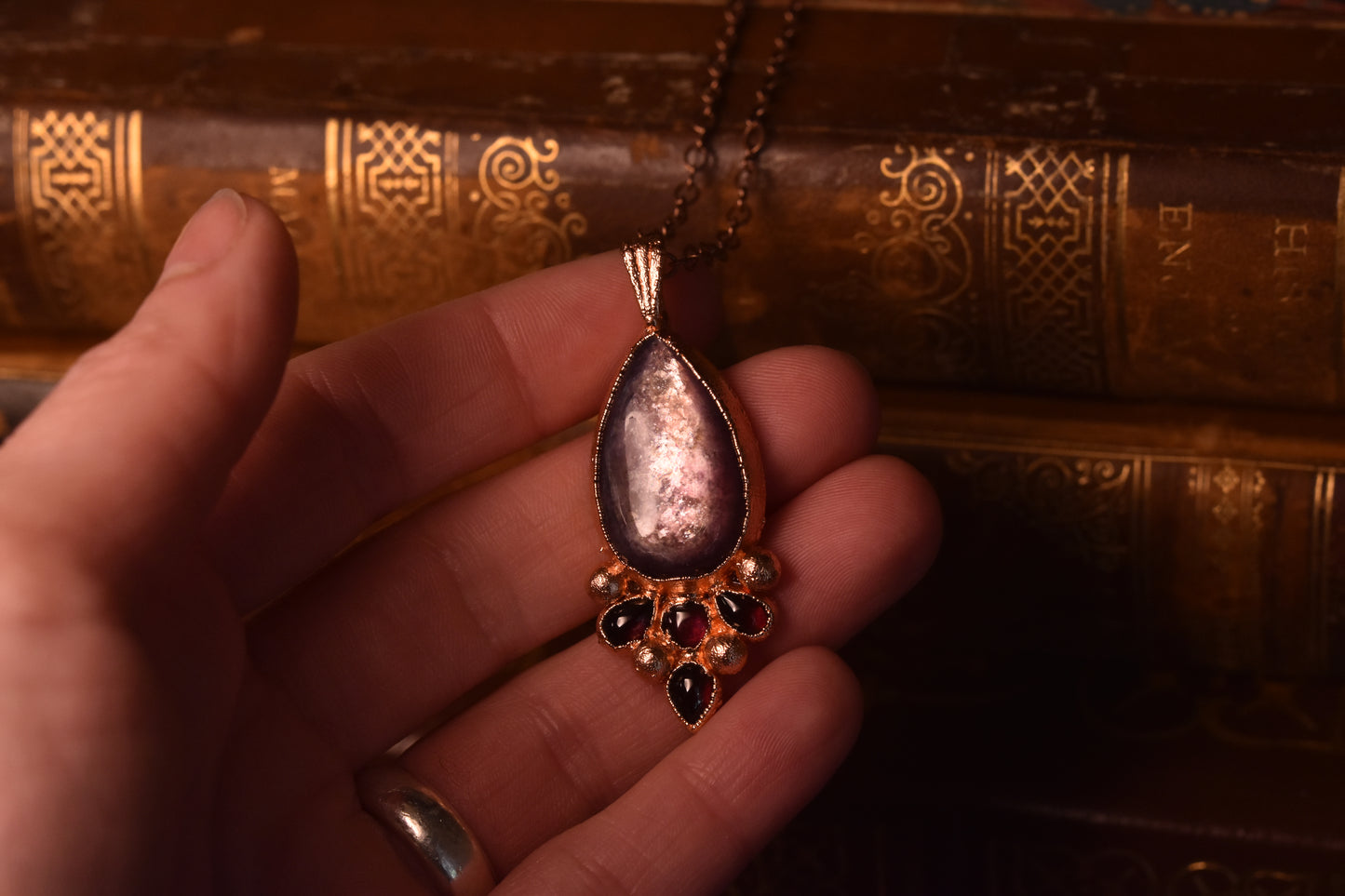 Gem lepidolite and garnet copper electroformed necklace