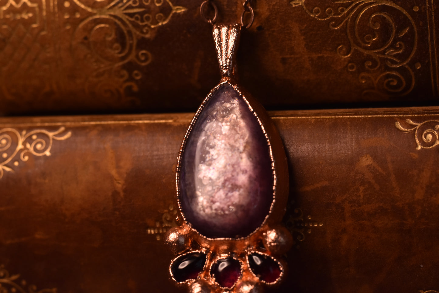 Gem lepidolite and garnet copper electroformed necklace