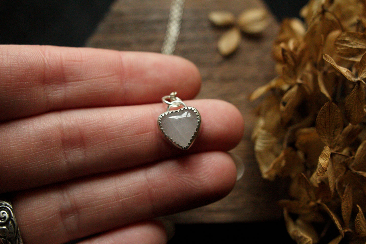 Rose quartz in sterling silver heart necklace