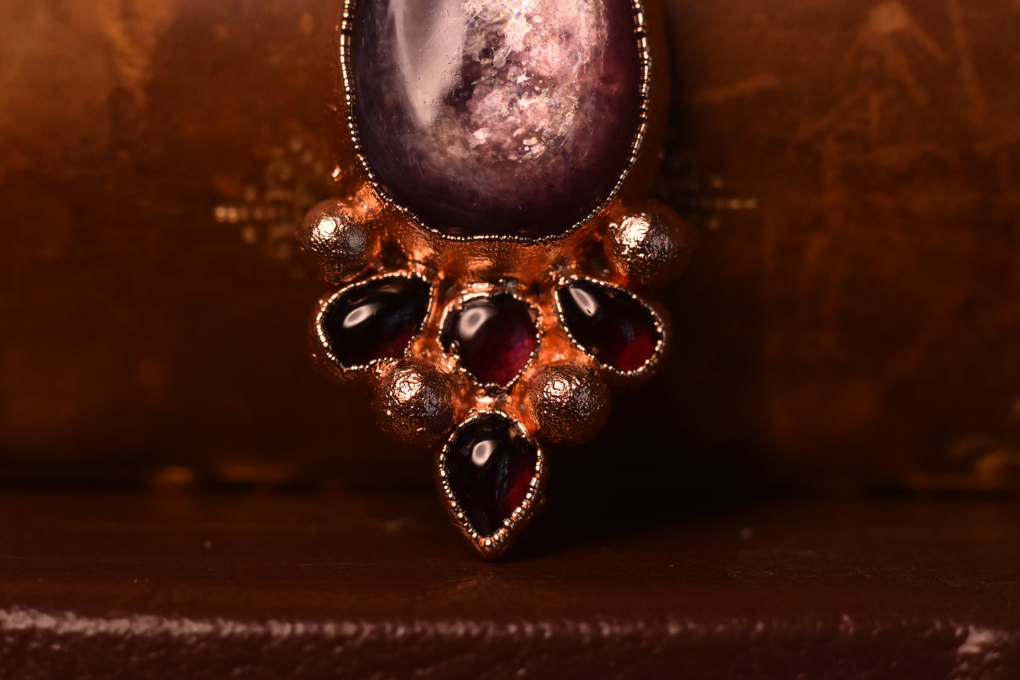 Gem lepidolite and garnet copper electroformed necklace