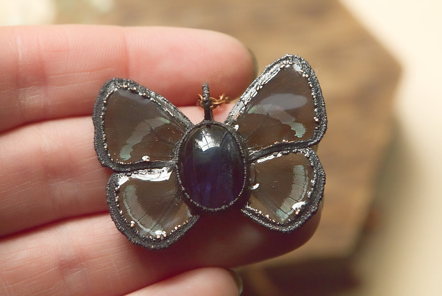 Real butterfly wing necklace with iolite