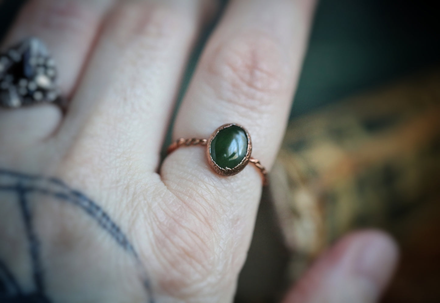 Jade in copper ring// size 7 1/4 U.S