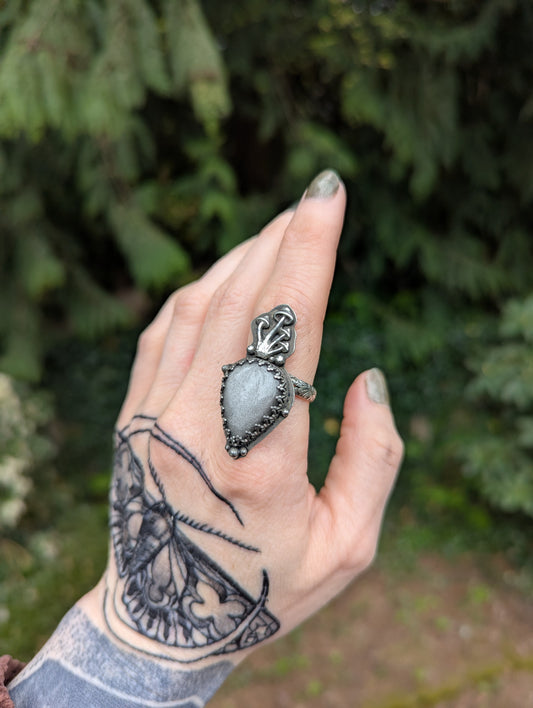 Silver sheen obsidian ring in sterling silver, size 9 US